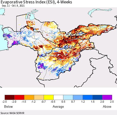 Central Asia Evaporative Stress Index (ESI), 4-Weeks Thematic Map For 10/4/2021 - 10/10/2021