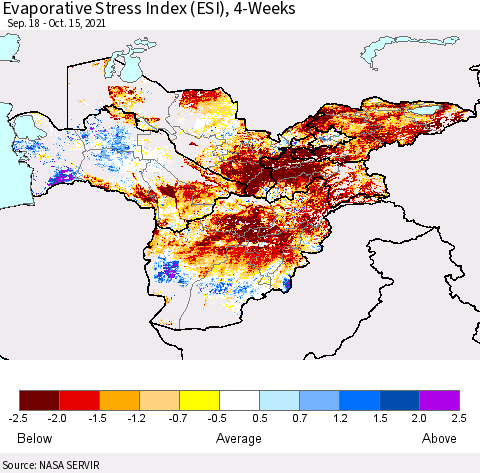 Central Asia Evaporative Stress Index (ESI), 4-Weeks Thematic Map For 10/11/2021 - 10/17/2021
