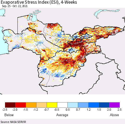 Central Asia Evaporative Stress Index (ESI), 4-Weeks Thematic Map For 10/18/2021 - 10/24/2021