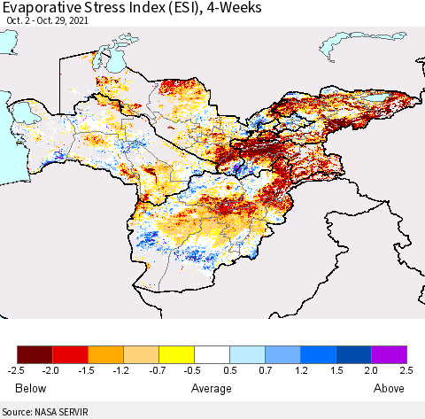 Central Asia Evaporative Stress Index (ESI), 4-Weeks Thematic Map For 10/25/2021 - 10/31/2021