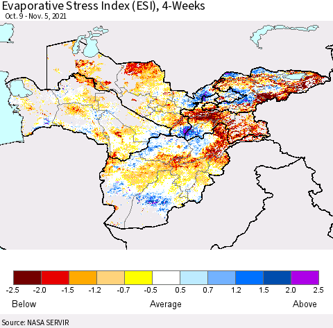 Central Asia Evaporative Stress Index (ESI), 4-Weeks Thematic Map For 11/1/2021 - 11/7/2021