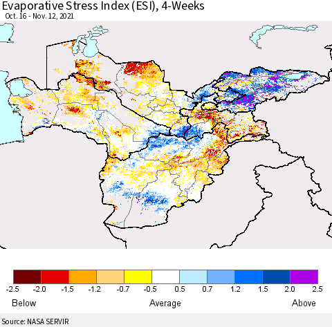 Central Asia Evaporative Stress Index (ESI), 4-Weeks Thematic Map For 11/8/2021 - 11/14/2021