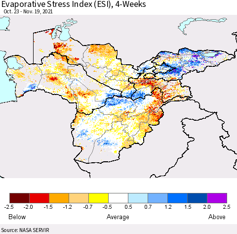Central Asia Evaporative Stress Index (ESI), 4-Weeks Thematic Map For 11/15/2021 - 11/21/2021
