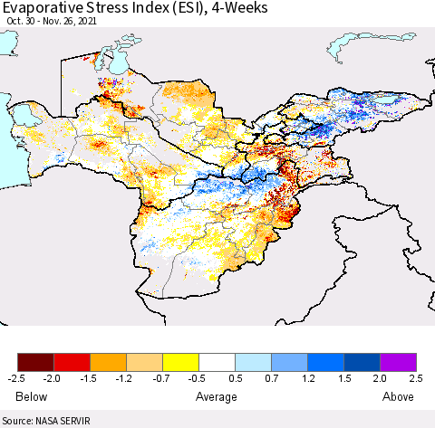 Central Asia Evaporative Stress Index (ESI), 4-Weeks Thematic Map For 11/22/2021 - 11/28/2021