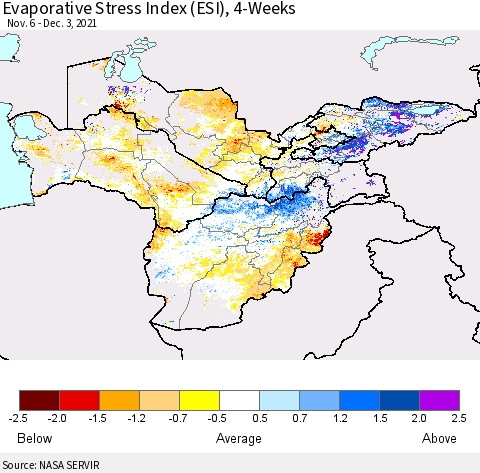 Central Asia Evaporative Stress Index (ESI), 4-Weeks Thematic Map For 11/29/2021 - 12/5/2021