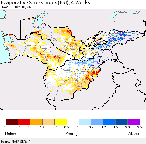 Central Asia Evaporative Stress Index (ESI), 4-Weeks Thematic Map For 12/6/2021 - 12/12/2021