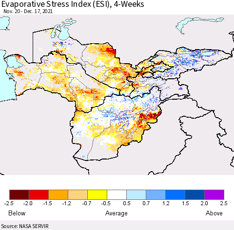 Central Asia Evaporative Stress Index (ESI), 4-Weeks Thematic Map For 12/13/2021 - 12/19/2021