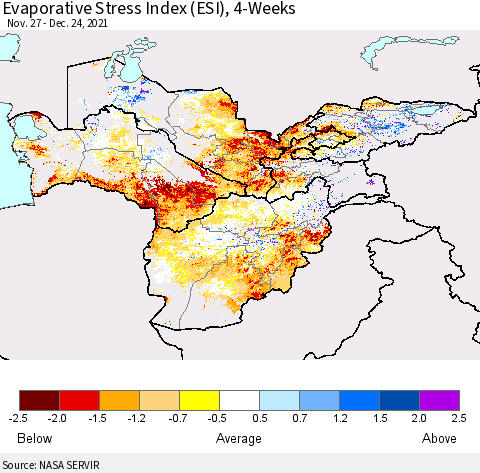 Central Asia Evaporative Stress Index (ESI), 4-Weeks Thematic Map For 12/20/2021 - 12/26/2021