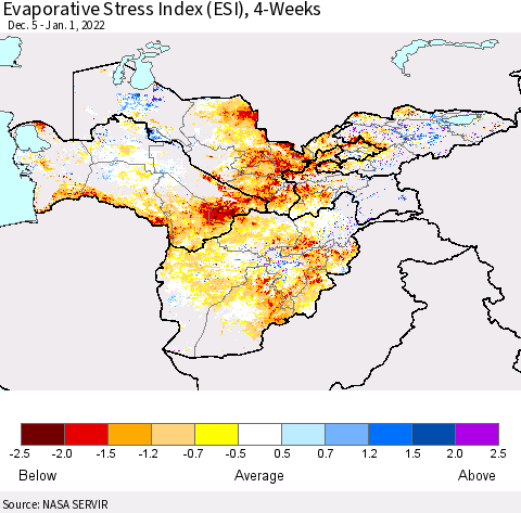 Central Asia Evaporative Stress Index (ESI), 4-Weeks Thematic Map For 12/27/2021 - 1/2/2022