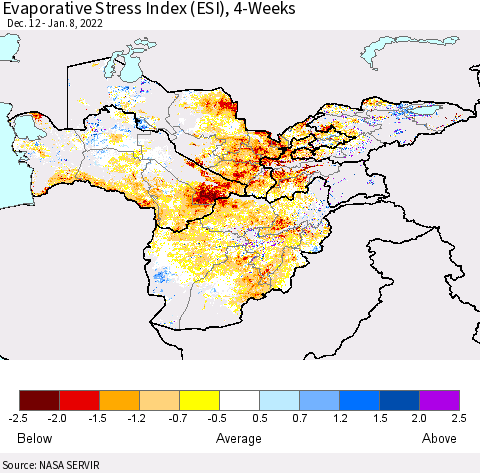 Central Asia Evaporative Stress Index (ESI), 4-Weeks Thematic Map For 1/3/2022 - 1/9/2022