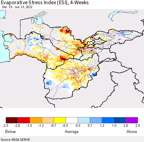Central Asia Evaporative Stress Index (ESI), 4-Weeks Thematic Map For 1/10/2022 - 1/16/2022