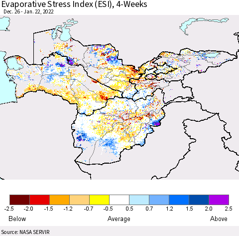 Central Asia Evaporative Stress Index (ESI), 4-Weeks Thematic Map For 1/17/2022 - 1/23/2022