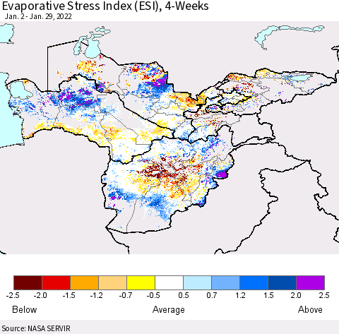 Central Asia Evaporative Stress Index (ESI), 4-Weeks Thematic Map For 1/24/2022 - 1/30/2022