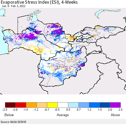 Central Asia Evaporative Stress Index (ESI), 4-Weeks Thematic Map For 1/31/2022 - 2/6/2022