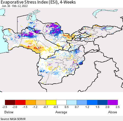 Central Asia Evaporative Stress Index (ESI), 4-Weeks Thematic Map For 2/7/2022 - 2/13/2022