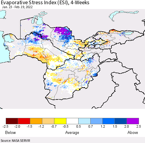 Central Asia Evaporative Stress Index (ESI), 4-Weeks Thematic Map For 2/14/2022 - 2/20/2022