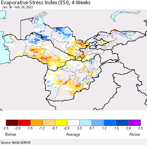 Central Asia Evaporative Stress Index (ESI), 4-Weeks Thematic Map For 2/21/2022 - 2/27/2022