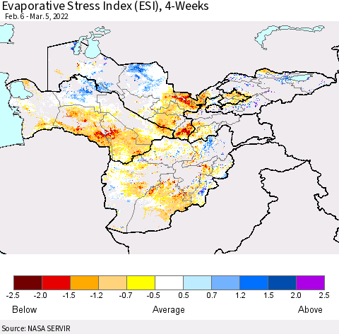 Central Asia Evaporative Stress Index (ESI), 4-Weeks Thematic Map For 2/28/2022 - 3/6/2022