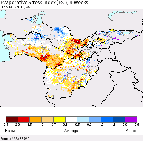 Central Asia Evaporative Stress Index (ESI), 4-Weeks Thematic Map For 3/7/2022 - 3/13/2022