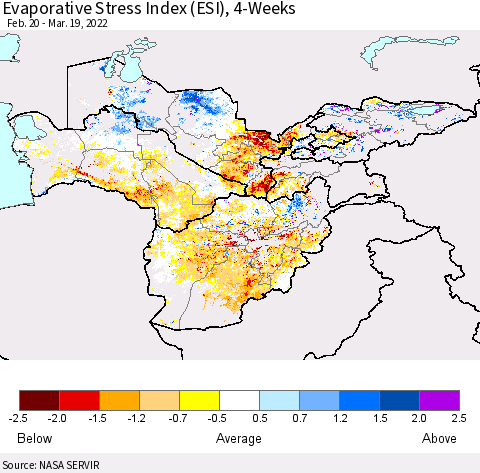 Central Asia Evaporative Stress Index (ESI), 4-Weeks Thematic Map For 3/14/2022 - 3/20/2022