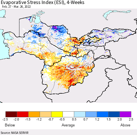 Central Asia Evaporative Stress Index (ESI), 4-Weeks Thematic Map For 3/21/2022 - 3/27/2022