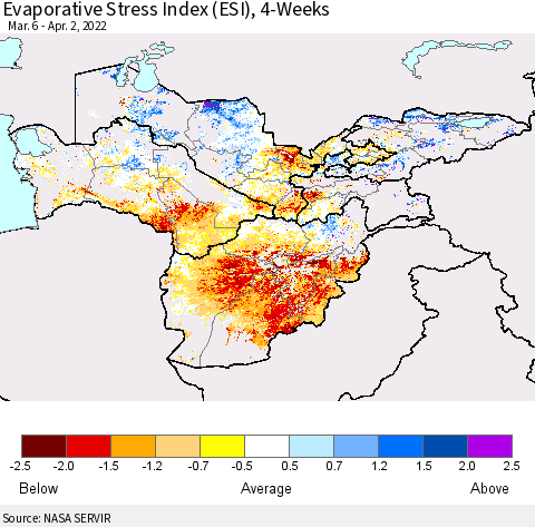 Central Asia Evaporative Stress Index (ESI), 4-Weeks Thematic Map For 3/28/2022 - 4/3/2022