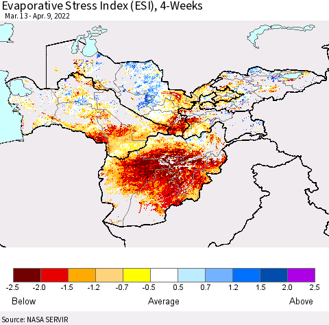 Central Asia Evaporative Stress Index (ESI), 4-Weeks Thematic Map For 4/4/2022 - 4/10/2022