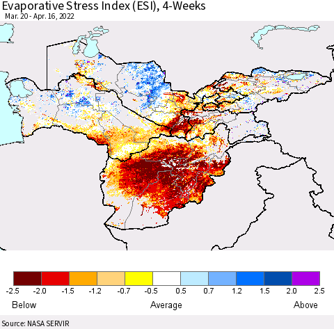 Central Asia Evaporative Stress Index (ESI), 4-Weeks Thematic Map For 4/11/2022 - 4/17/2022