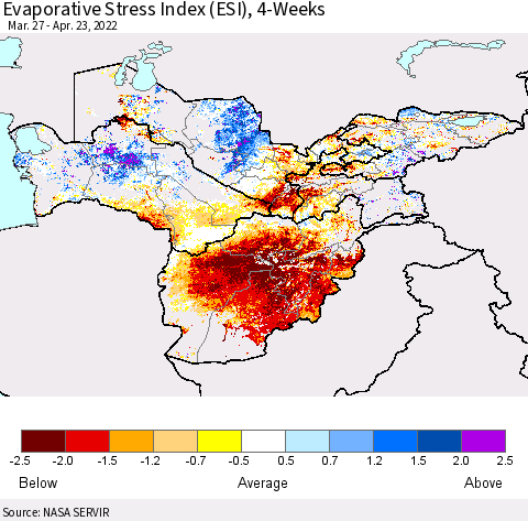 Central Asia Evaporative Stress Index (ESI), 4-Weeks Thematic Map For 4/18/2022 - 4/24/2022