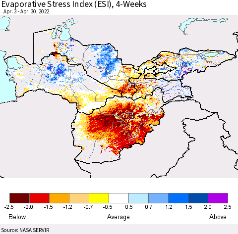 Central Asia Evaporative Stress Index (ESI), 4-Weeks Thematic Map For 4/25/2022 - 5/1/2022