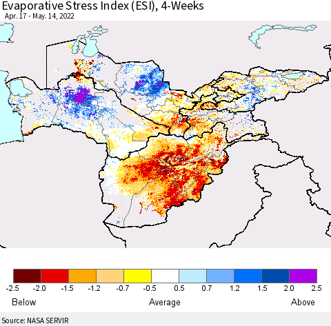 Central Asia Evaporative Stress Index (ESI), 4-Weeks Thematic Map For 5/9/2022 - 5/15/2022