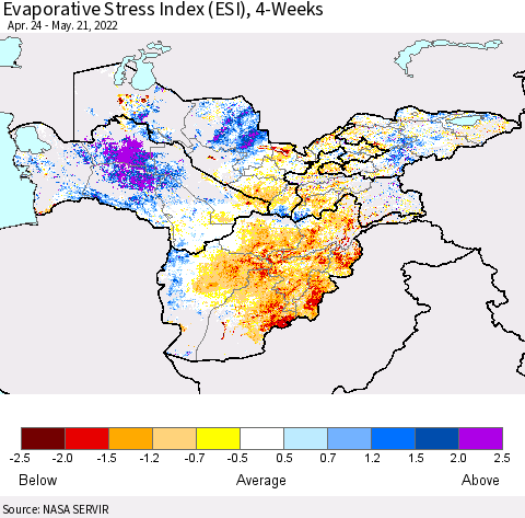 Central Asia Evaporative Stress Index (ESI), 4-Weeks Thematic Map For 5/16/2022 - 5/22/2022