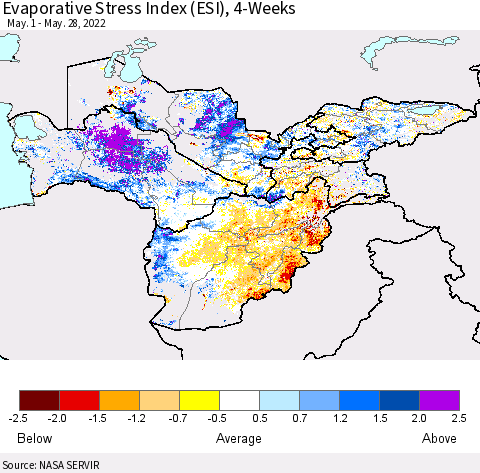 Central Asia Evaporative Stress Index (ESI), 4-Weeks Thematic Map For 5/23/2022 - 5/29/2022
