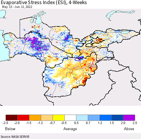Central Asia Evaporative Stress Index (ESI), 4-Weeks Thematic Map For 6/6/2022 - 6/12/2022