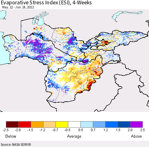 Central Asia Evaporative Stress Index (ESI), 4-Weeks Thematic Map For 6/13/2022 - 6/19/2022
