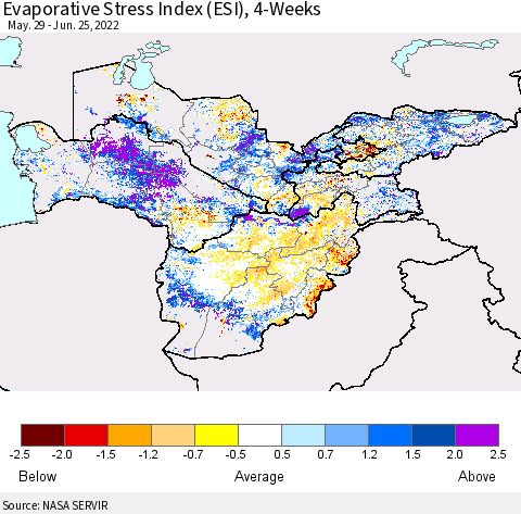 Central Asia Evaporative Stress Index (ESI), 4-Weeks Thematic Map For 6/20/2022 - 6/26/2022
