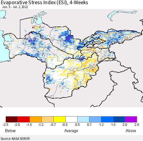 Central Asia Evaporative Stress Index (ESI), 4-Weeks Thematic Map For 6/27/2022 - 7/3/2022
