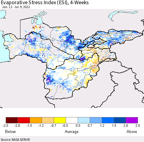 Central Asia Evaporative Stress Index (ESI), 4-Weeks Thematic Map For 7/4/2022 - 7/10/2022