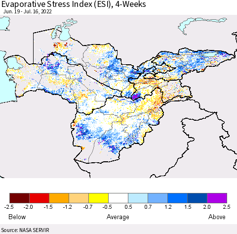 Central Asia Evaporative Stress Index (ESI), 4-Weeks Thematic Map For 7/11/2022 - 7/17/2022