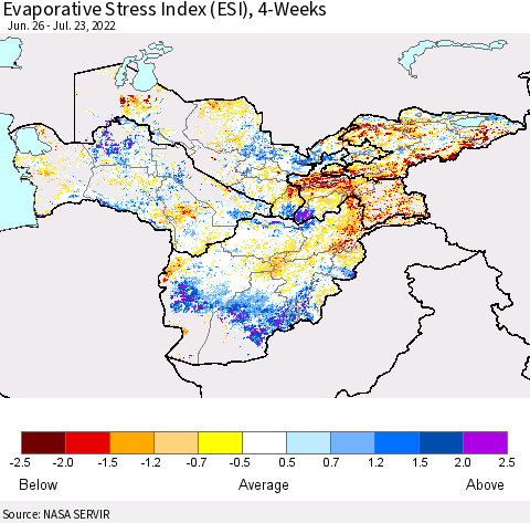 Central Asia Evaporative Stress Index (ESI), 4-Weeks Thematic Map For 7/18/2022 - 7/24/2022