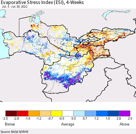Central Asia Evaporative Stress Index (ESI), 4-Weeks Thematic Map For 7/25/2022 - 7/31/2022