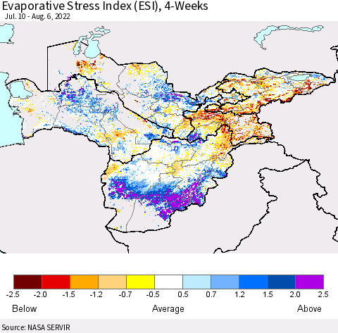 Central Asia Evaporative Stress Index (ESI), 4-Weeks Thematic Map For 8/1/2022 - 8/7/2022