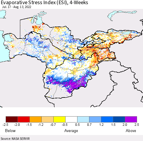 Central Asia Evaporative Stress Index (ESI), 4-Weeks Thematic Map For 8/8/2022 - 8/14/2022