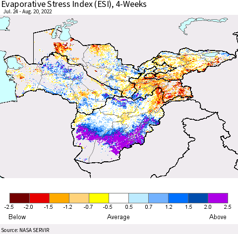 Central Asia Evaporative Stress Index (ESI), 4-Weeks Thematic Map For 8/15/2022 - 8/21/2022