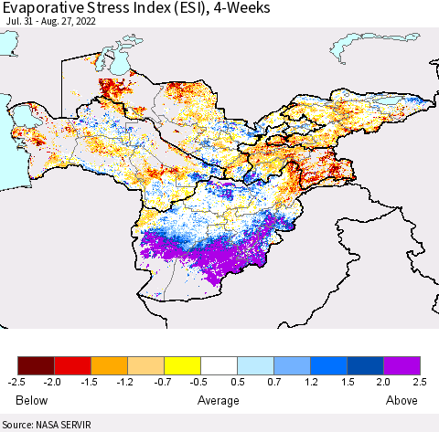 Central Asia Evaporative Stress Index (ESI), 4-Weeks Thematic Map For 8/22/2022 - 8/28/2022