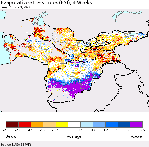 Central Asia Evaporative Stress Index (ESI), 4-Weeks Thematic Map For 8/29/2022 - 9/4/2022