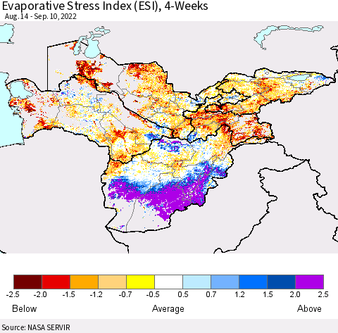 Central Asia Evaporative Stress Index (ESI), 4-Weeks Thematic Map For 9/5/2022 - 9/11/2022