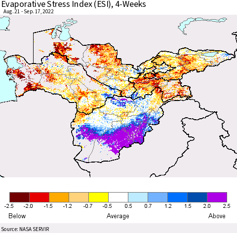 Central Asia Evaporative Stress Index (ESI), 4-Weeks Thematic Map For 9/12/2022 - 9/18/2022