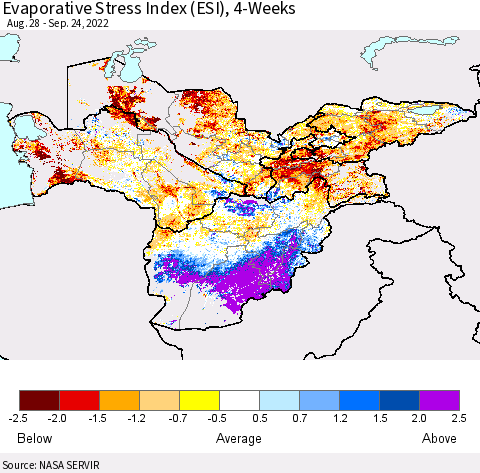 Central Asia Evaporative Stress Index (ESI), 4-Weeks Thematic Map For 9/19/2022 - 9/25/2022