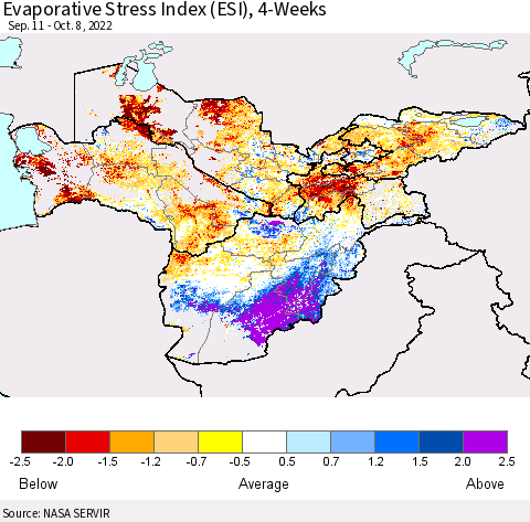 Central Asia Evaporative Stress Index (ESI), 4-Weeks Thematic Map For 10/3/2022 - 10/9/2022